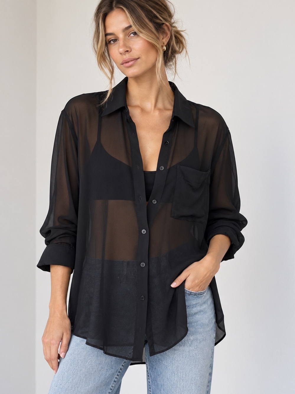 Knix Papaya Oversized Sheer Black Chiffon Button Down Shirt